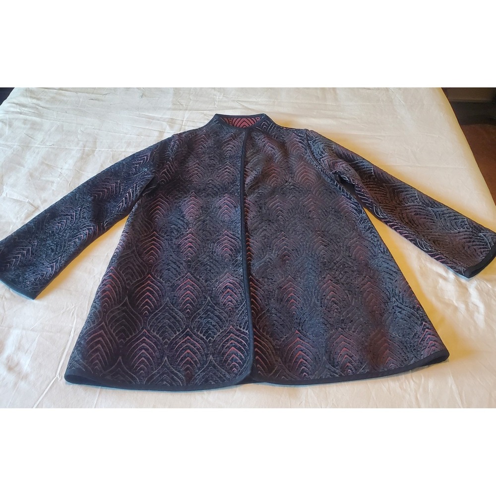 Winding River Burgundy Black Brocade Cotton Open Front Mock Neck Jacket 2 sided